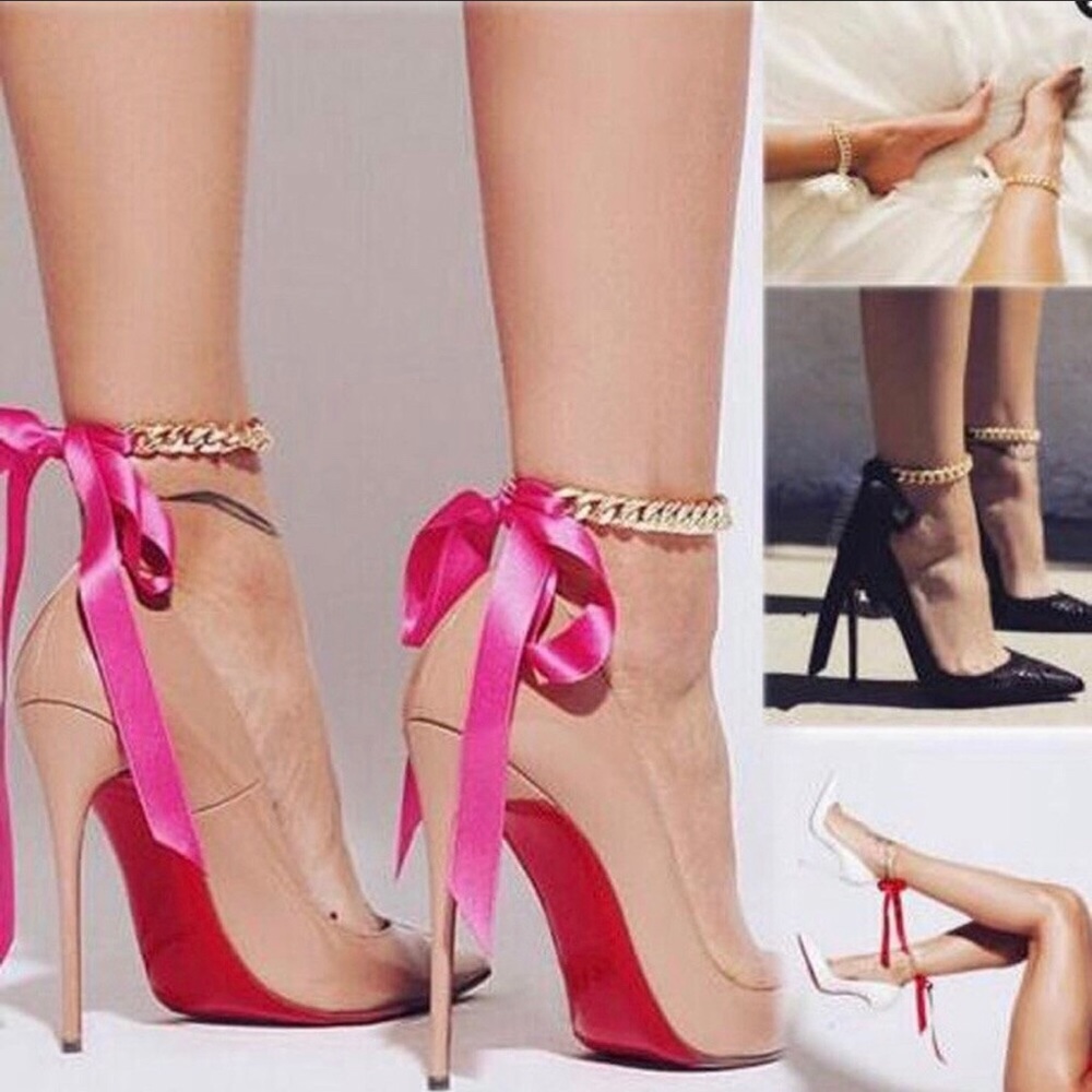 NEW 1 Sexy Red Bow Anklet Chunky Gold Chain Adjustable Satin Ribbon Tie - Picture 6 of 7